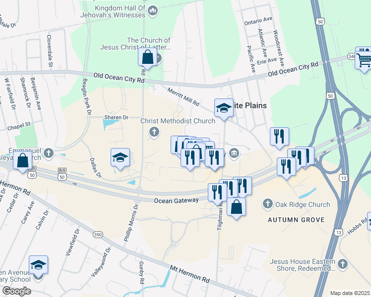 map of restaurants, bars, coffee shops, grocery stores, and more near 2005 Whispering Ponds Court in Salisbury