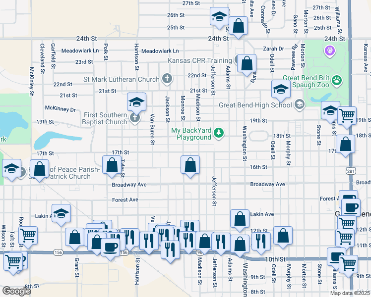 map of restaurants, bars, coffee shops, grocery stores, and more near 1700 Monroe St in Great Bend