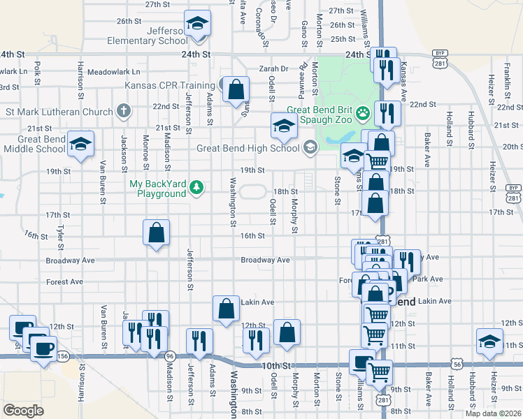 map of restaurants, bars, coffee shops, grocery stores, and more near 1621 Odell Street in Great Bend