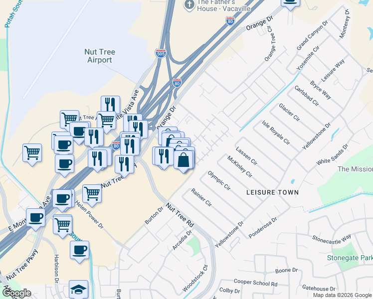 map of restaurants, bars, coffee shops, grocery stores, and more near 148 Lemon Tree Circle in Vacaville