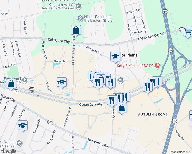 map of restaurants, bars, coffee shops, grocery stores, and more near 2003 Whispering Ponds Court in Salisbury