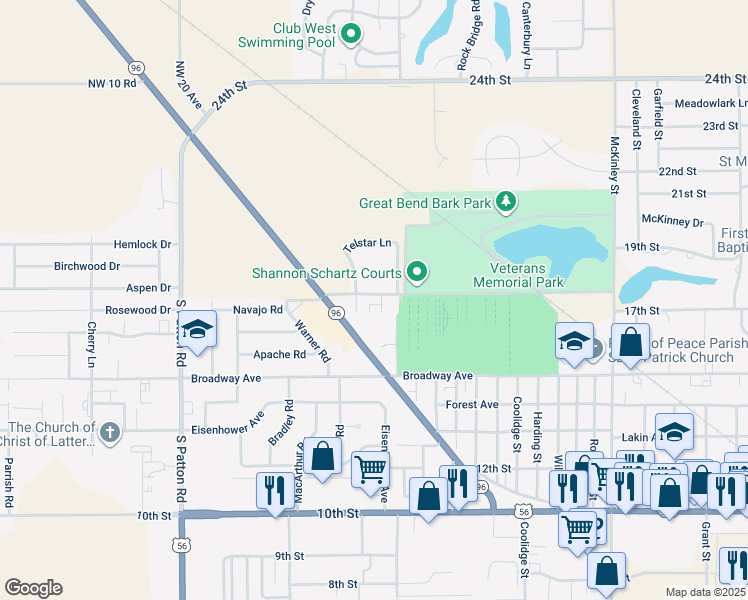 map of restaurants, bars, coffee shops, grocery stores, and more near 1703 Apollo Avenue in Great Bend