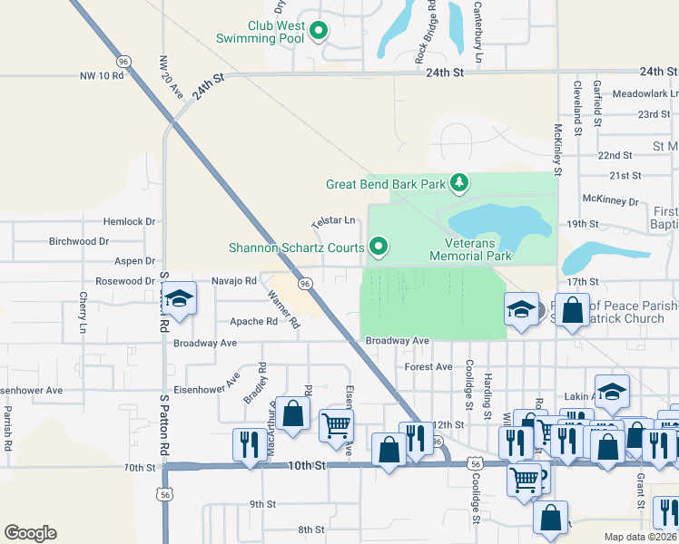 map of restaurants, bars, coffee shops, grocery stores, and more near 1703 Apollo Avenue in Great Bend