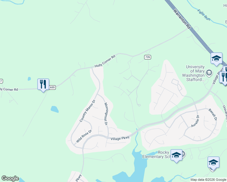 map of restaurants, bars, coffee shops, grocery stores, and more near 73 Village Grove Road in Fredericksburg