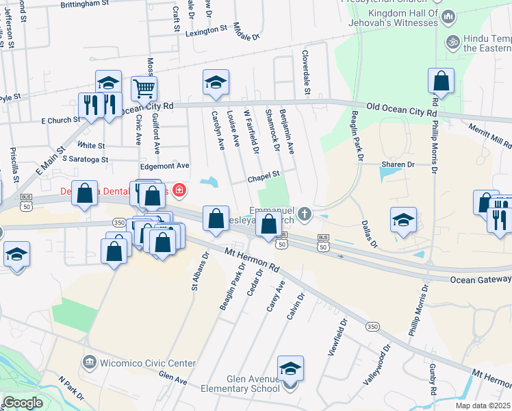map of restaurants, bars, coffee shops, grocery stores, and more near 209 Louise Avenue in Salisbury
