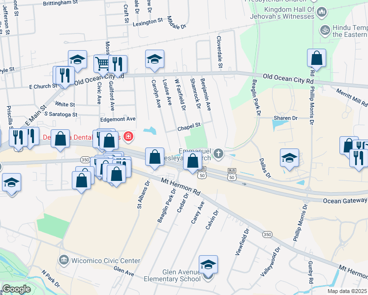 map of restaurants, bars, coffee shops, grocery stores, and more near 209 Louise Avenue in Salisbury