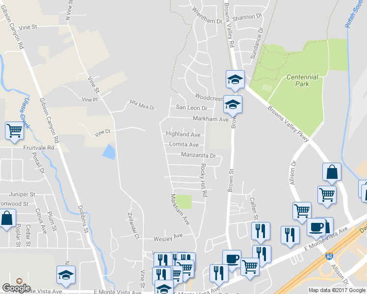 map of restaurants, bars, coffee shops, grocery stores, and more near 149 Lomita Avenue in Vacaville