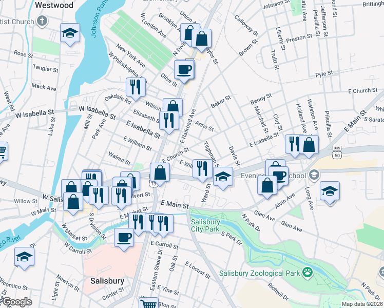 map of restaurants, bars, coffee shops, grocery stores, and more near 511 Wailes Street in Salisbury
