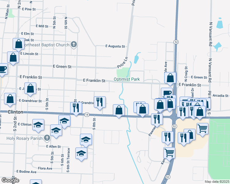 map of restaurants, bars, coffee shops, grocery stores, and more near 898 East Jefferson Street in Clinton