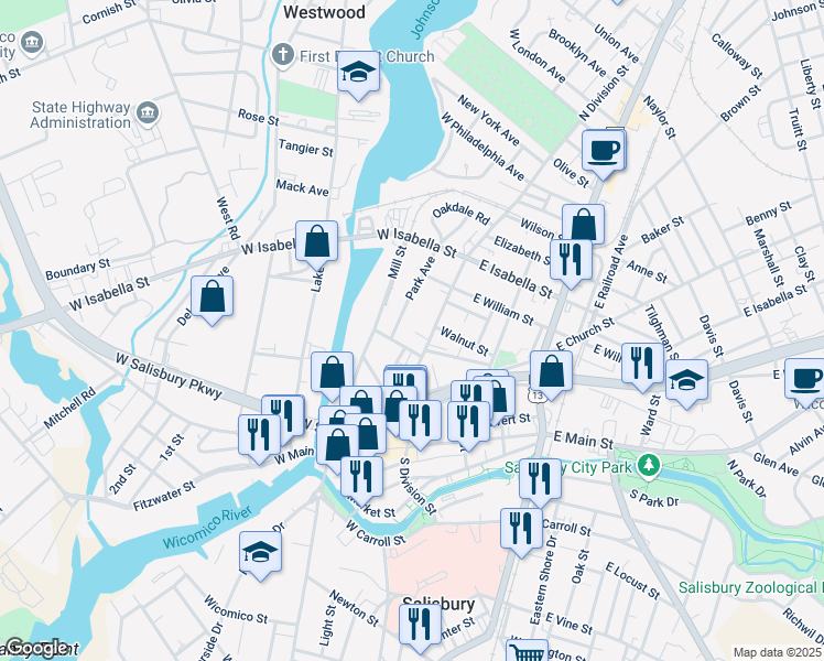 map of restaurants, bars, coffee shops, grocery stores, and more near 302 North Division Street in Salisbury
