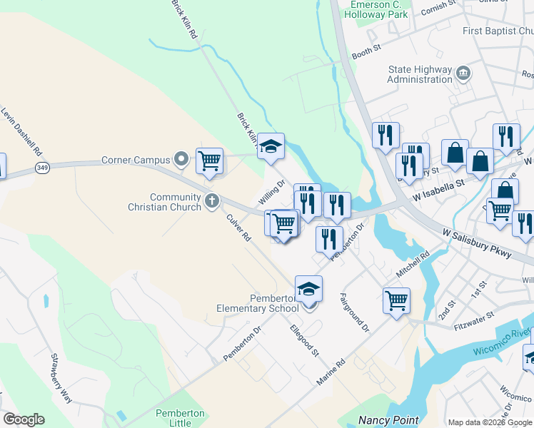 map of restaurants, bars, coffee shops, grocery stores, and more near 6409 Willing Drive in Salisbury