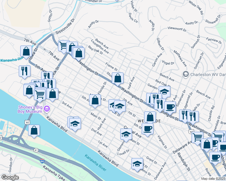 map of restaurants, bars, coffee shops, grocery stores, and more near 1222 7th Avenue in Charleston