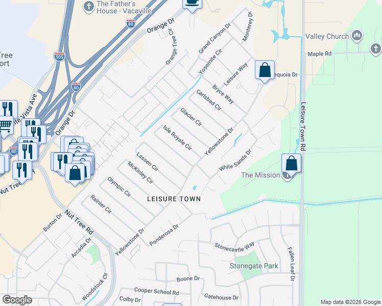 map of restaurants, bars, coffee shops, grocery stores, and more near 490 Yellowstone Drive in Vacaville