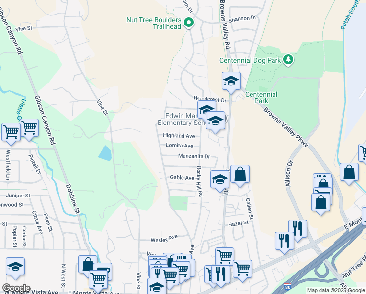 map of restaurants, bars, coffee shops, grocery stores, and more near 136 Manzanita Drive in Vacaville