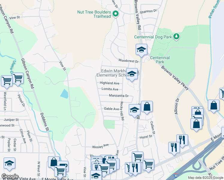 map of restaurants, bars, coffee shops, grocery stores, and more near 136 Manzanita Drive in Vacaville