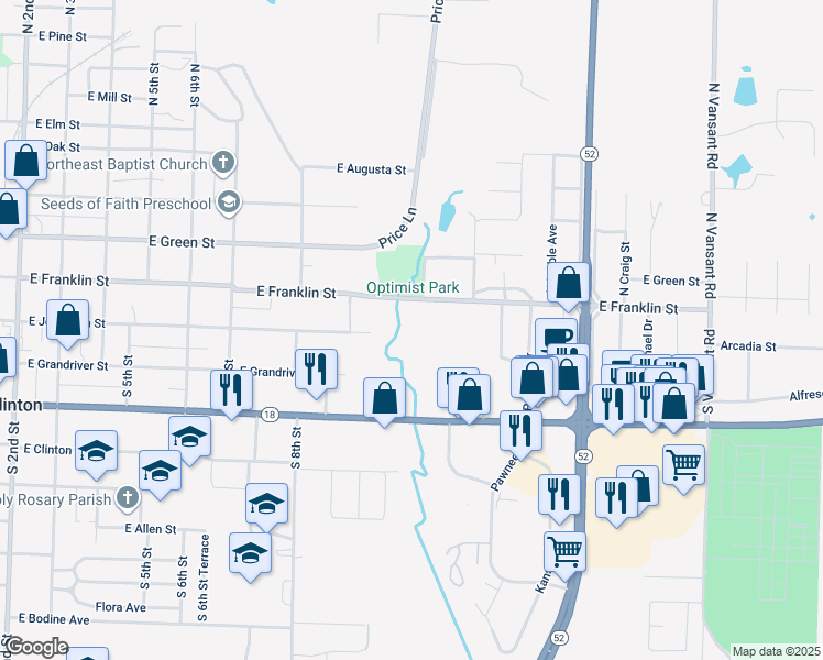 map of restaurants, bars, coffee shops, grocery stores, and more near 898 East Jefferson Street in Clinton
