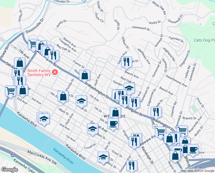 map of restaurants, bars, coffee shops, grocery stores, and more near 713 Orchard Street in Charleston