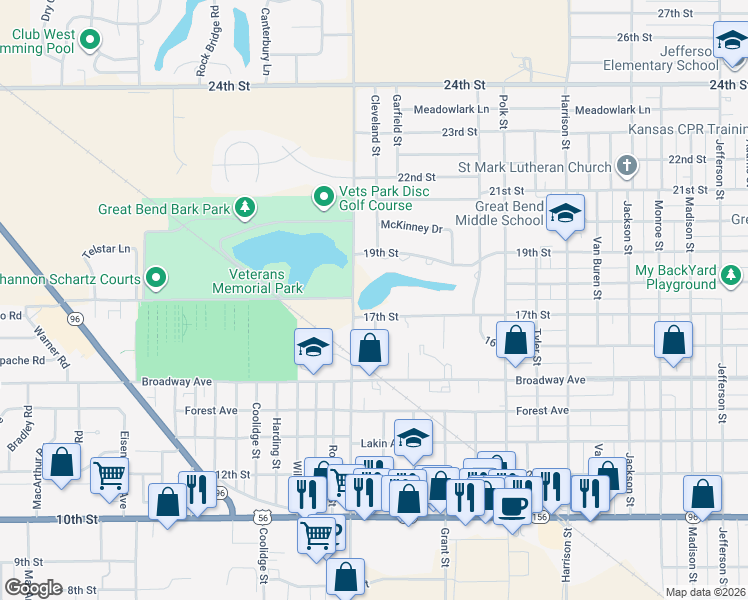 map of restaurants, bars, coffee shops, grocery stores, and more near 1 Cedar Park Place in Great Bend