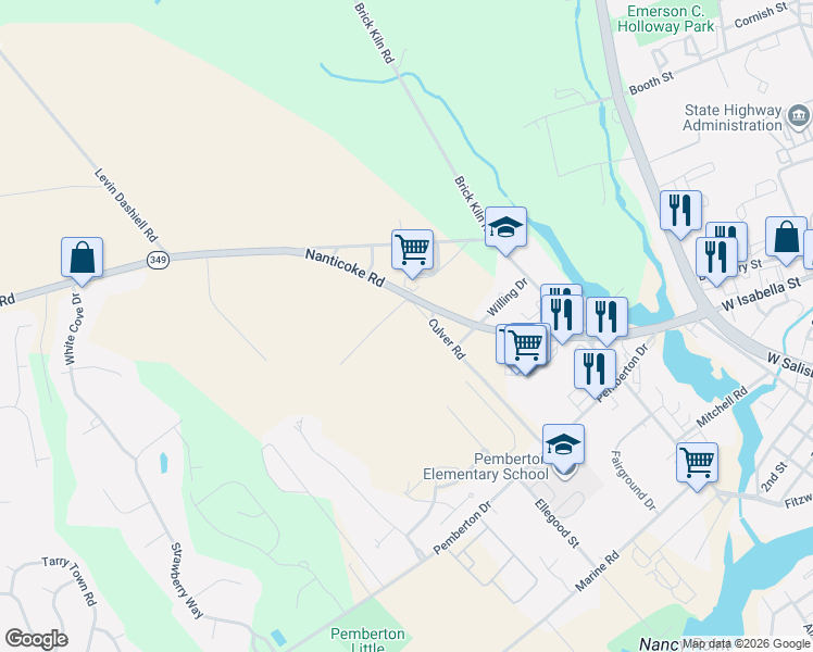map of restaurants, bars, coffee shops, grocery stores, and more near 6400 Culver Road in Salisbury