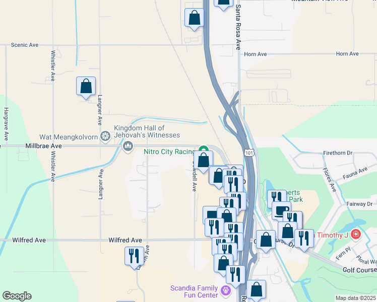 map of restaurants, bars, coffee shops, grocery stores, and more near 108 Millbrae Avenue in Santa Rosa