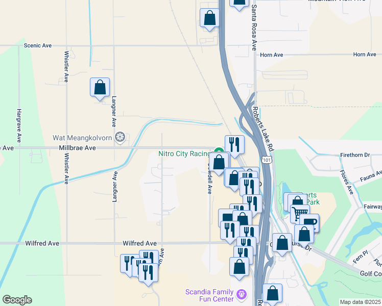 map of restaurants, bars, coffee shops, grocery stores, and more near 142 Millbrae Avenue in Santa Rosa
