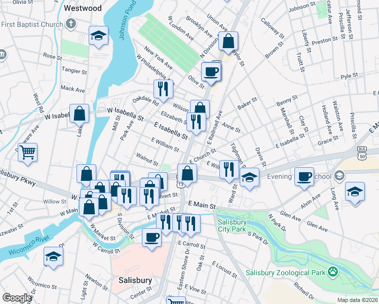map of restaurants, bars, coffee shops, grocery stores, and more near 421 North Salisbury Boulevard in Salisbury