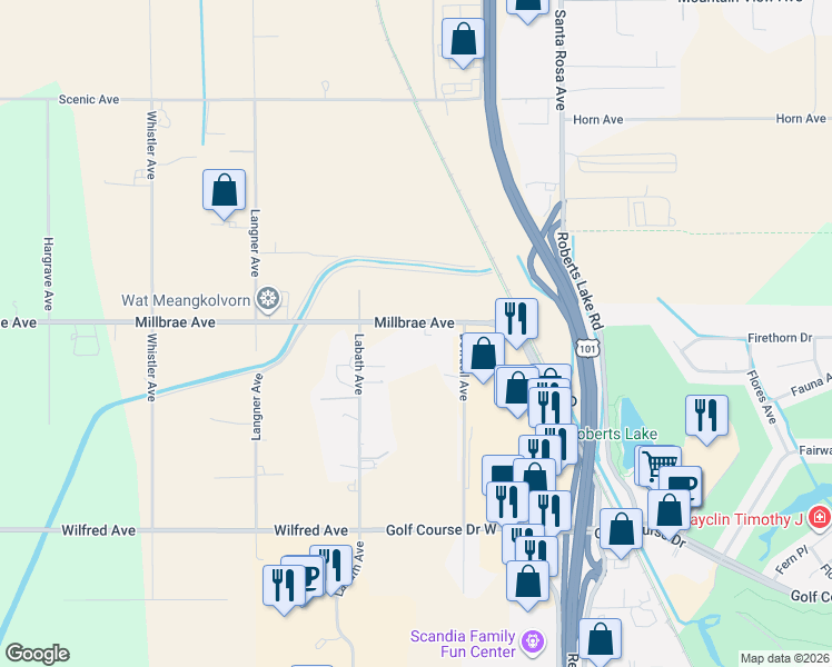 map of restaurants, bars, coffee shops, grocery stores, and more near 142 Millbrae Avenue in Santa Rosa