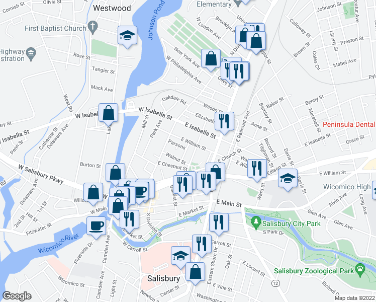 map of restaurants, bars, coffee shops, grocery stores, and more near 321 Poplar Hill Avenue in Salisbury
