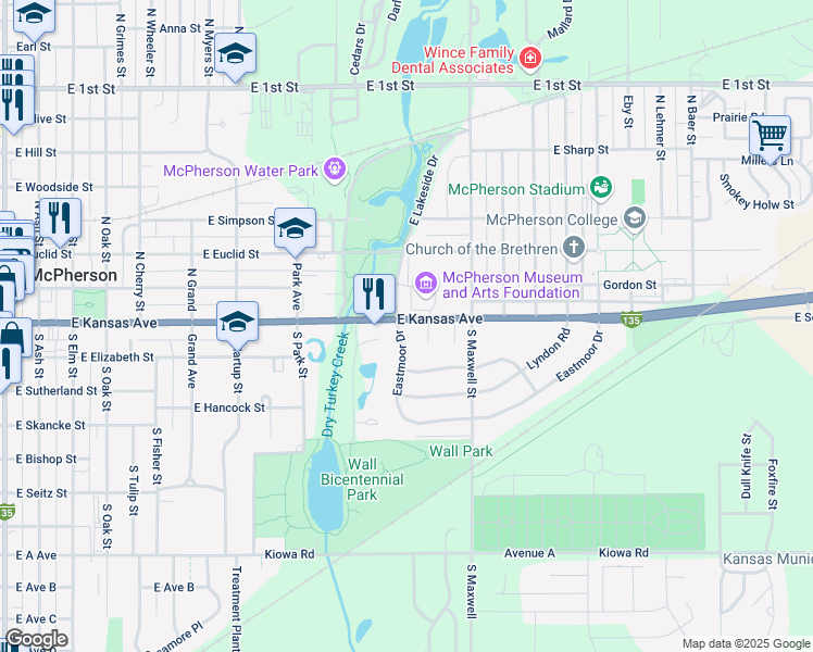 map of restaurants, bars, coffee shops, grocery stores, and more near 106 Eastmoor Drive in McPherson