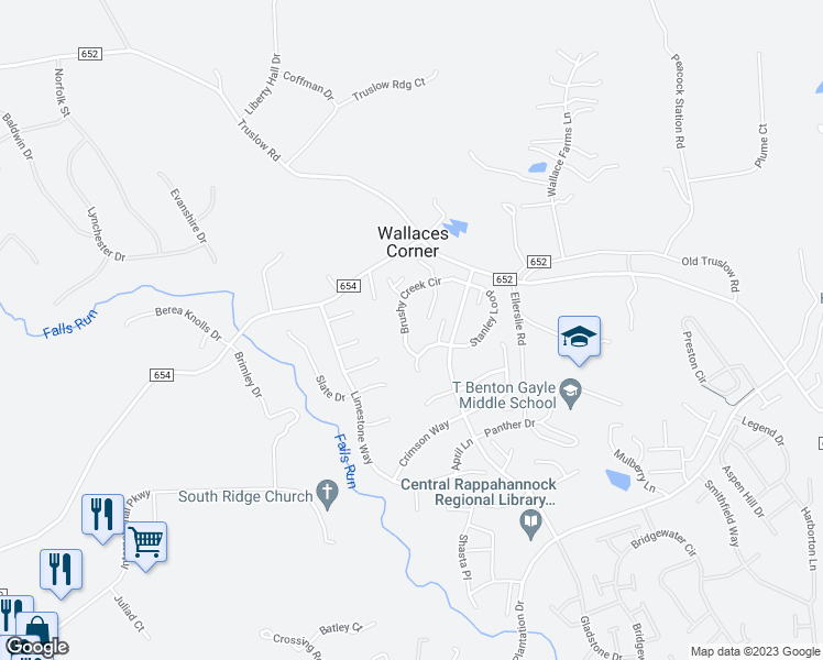 map of restaurants, bars, coffee shops, grocery stores, and more near 37 Brushy Creek Circle in Fredericksburg