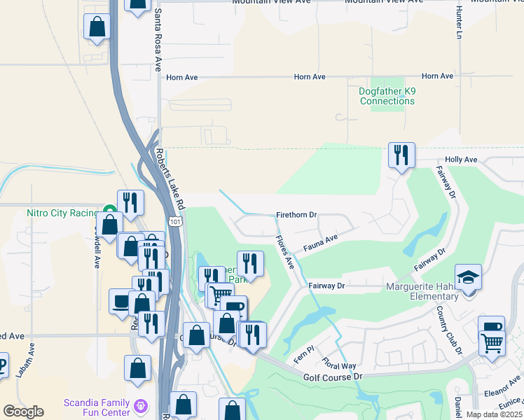 map of restaurants, bars, coffee shops, grocery stores, and more near 160 Firethorn Drive in Rohnert Park
