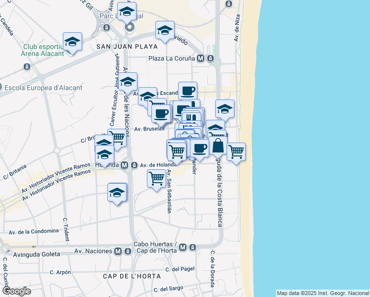 map of restaurants, bars, coffee shops, grocery stores, and more near 13 Avenida Bruselas in Alicante (Alacant)