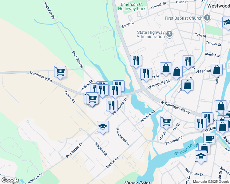 map of restaurants, bars, coffee shops, grocery stores, and more near 28704 Old Quantico Road in Salisbury