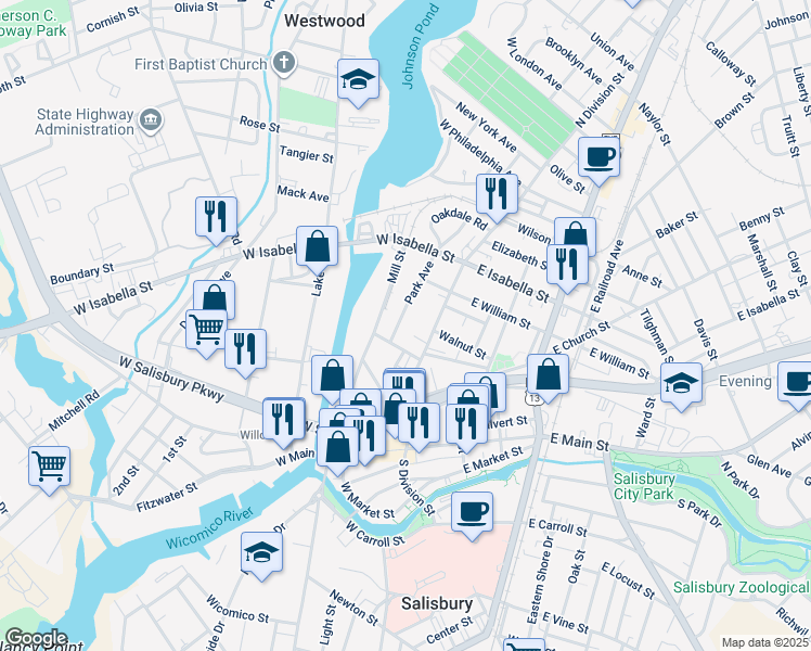 map of restaurants, bars, coffee shops, grocery stores, and more near 324 North Division Street in Salisbury