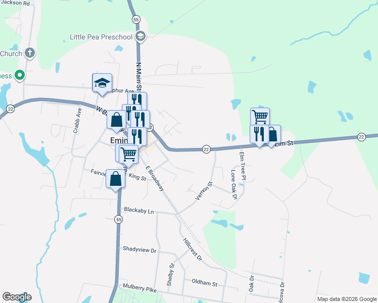 map of restaurants, bars, coffee shops, grocery stores, and more near 212-258 Elm St in Eminence