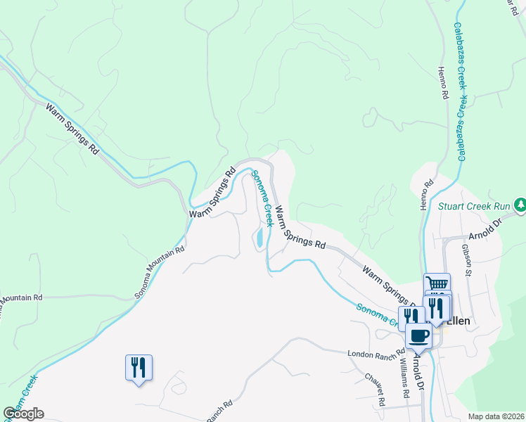 map of restaurants, bars, coffee shops, grocery stores, and more near 4640 Warm Springs Road in Glen Ellen