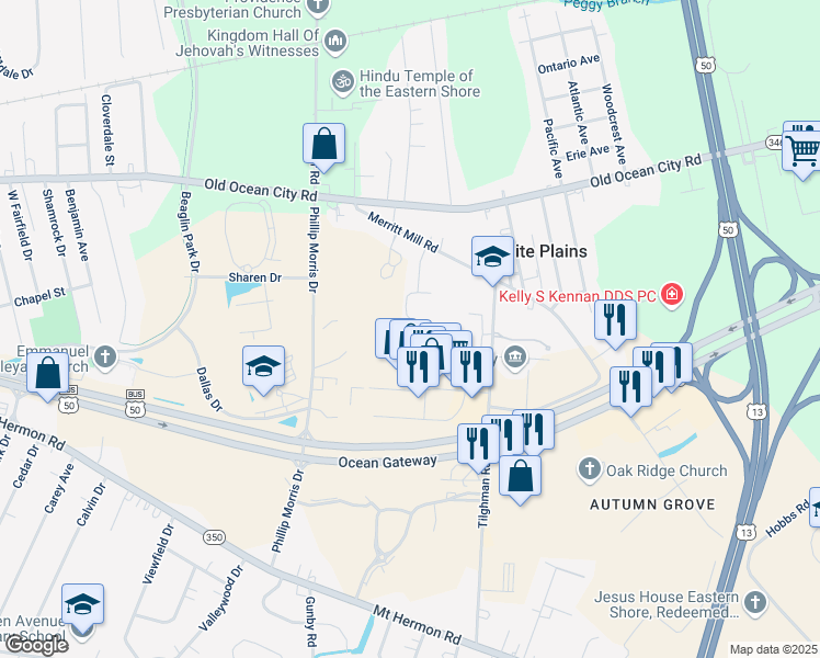 map of restaurants, bars, coffee shops, grocery stores, and more near 2000 Whispering Ponds Court in Salisbury
