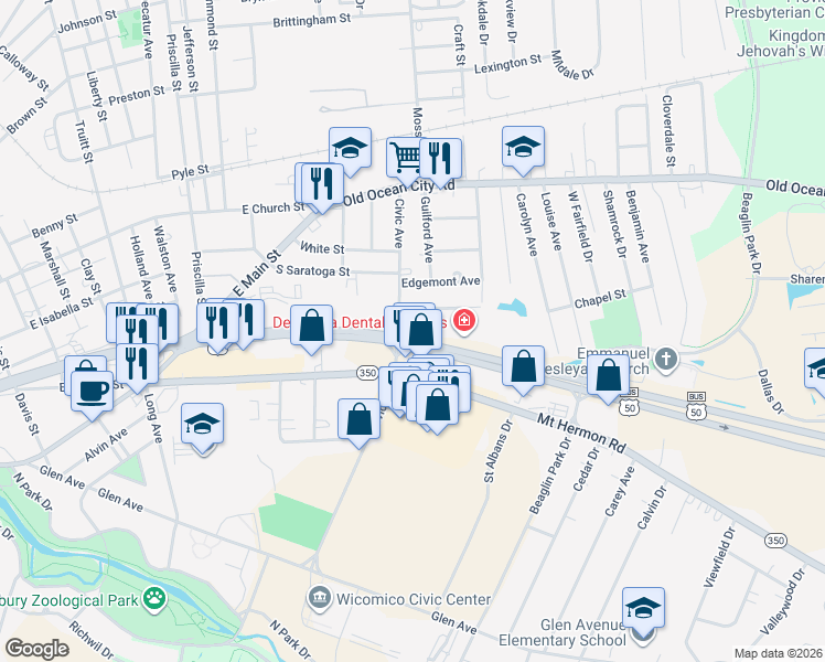 map of restaurants, bars, coffee shops, grocery stores, and more near 131 Civic Avenue in Salisbury