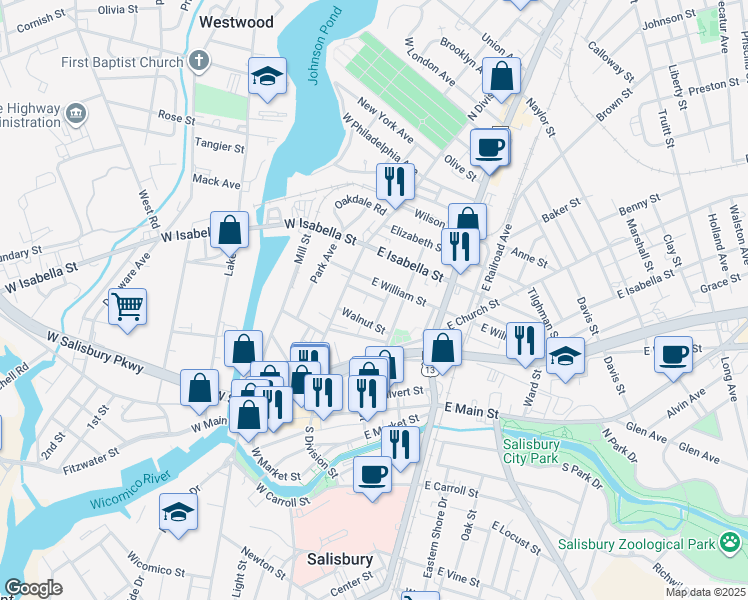 map of restaurants, bars, coffee shops, grocery stores, and more near 100 East William Street in Salisbury