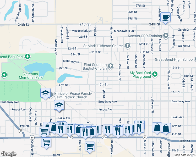 map of restaurants, bars, coffee shops, grocery stores, and more near 3400-3424 18th Street in Great Bend