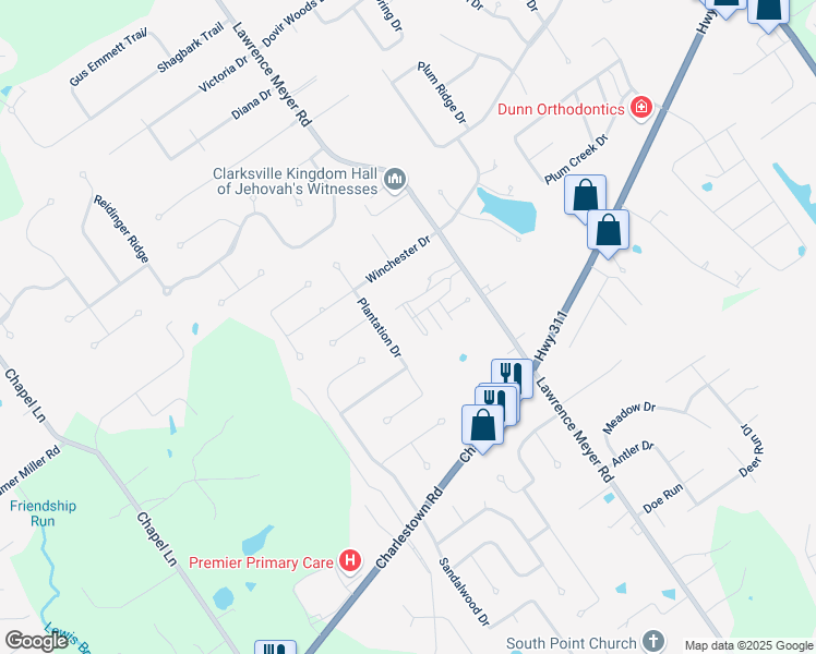 map of restaurants, bars, coffee shops, grocery stores, and more near 2728 Quail Chase Drive in Sellersburg