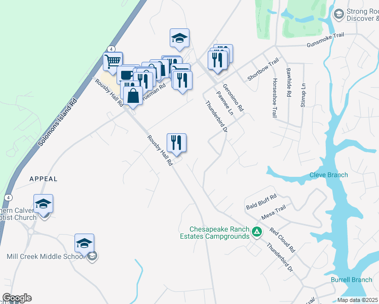 map of restaurants, bars, coffee shops, grocery stores, and more near 12010 Rousby Hall Rd in Lusby