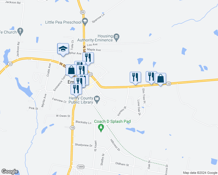 map of restaurants, bars, coffee shops, grocery stores, and more near 258 Elm St in Eminence