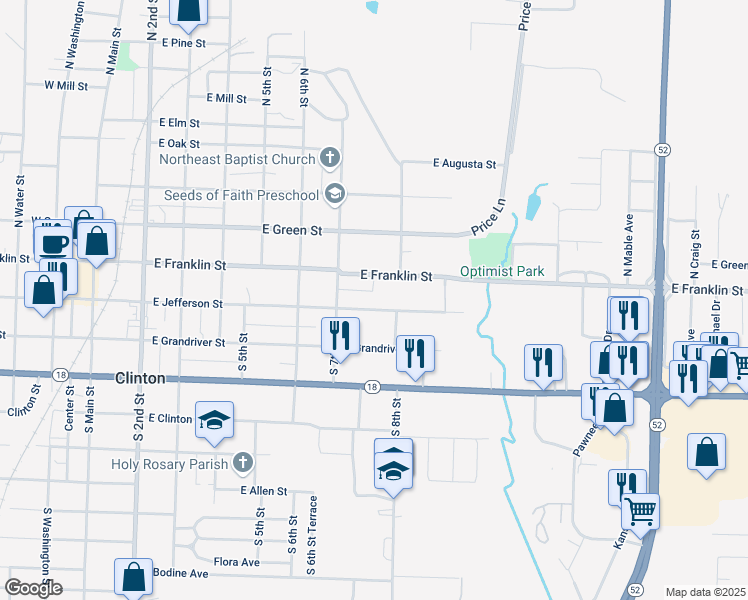 map of restaurants, bars, coffee shops, grocery stores, and more near 701-799 E Franklin St in Clinton