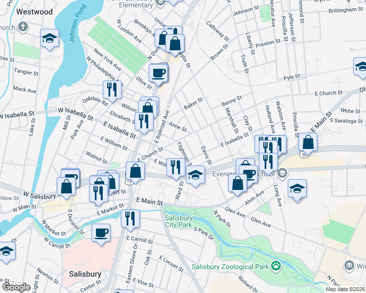 map of restaurants, bars, coffee shops, grocery stores, and more near 609 East Church Street in Salisbury