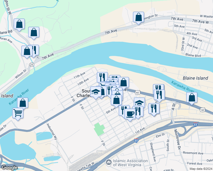 map of restaurants, bars, coffee shops, grocery stores, and more near 305 MacCorkle Avenue Southwest in South Charleston