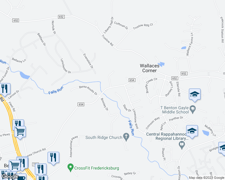 map of restaurants, bars, coffee shops, grocery stores, and more near 34 Slate Drive in Fredericksburg