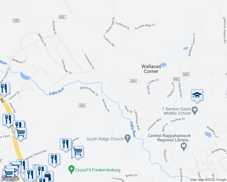 map of restaurants, bars, coffee shops, grocery stores, and more near 34 Slate Drive in Fredericksburg