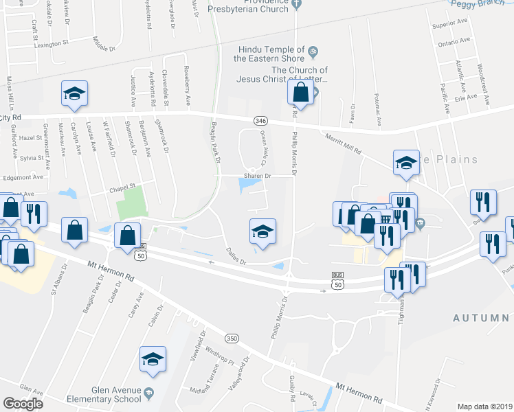 map of restaurants, bars, coffee shops, grocery stores, and more near 1500 Sharen Drive in Salisbury