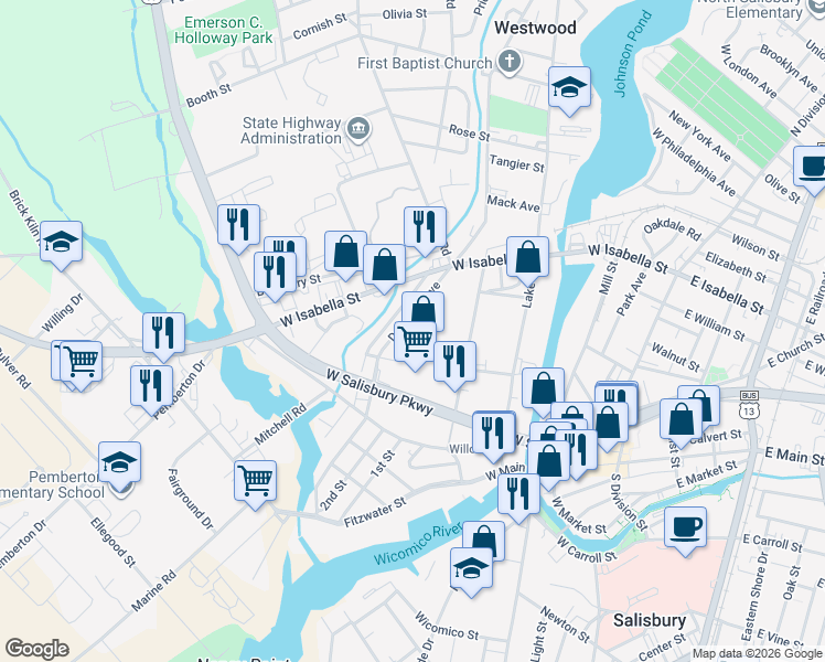 map of restaurants, bars, coffee shops, grocery stores, and more near 324 Delaware Avenue in Salisbury